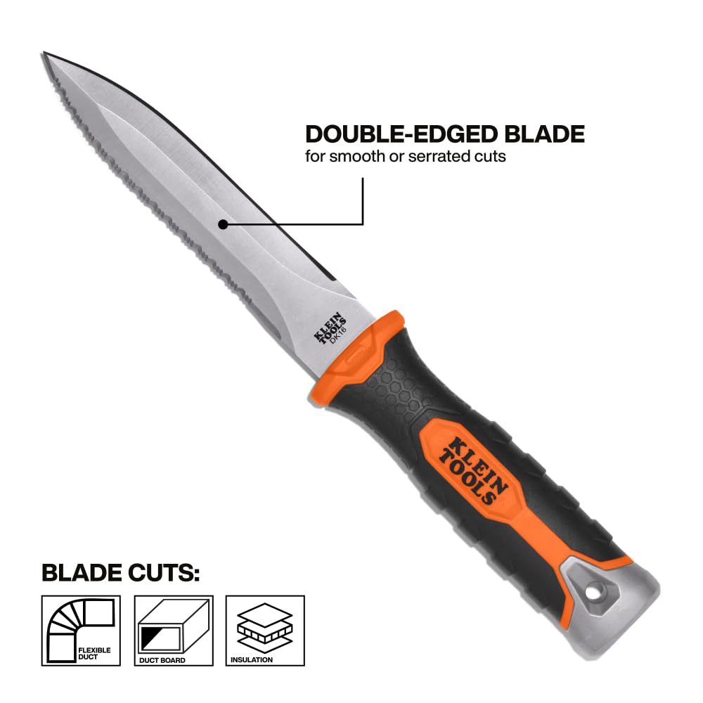 DK16 Double-Edged Duct Knife, Serrated Stainless Steel Blade, Designed for Duct Board and Insulation, Fixed Blade Knife with Sheath, 5-1/2-Inch