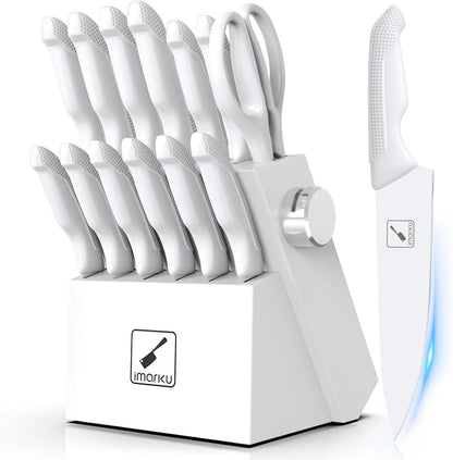 ® 14-Piece Kitchen Knife Set with Block and Sharpener, Professional Stainless Steel with Non-Slip Ergonomic Handle, Dishwasher Safe, Home Essential, Gray-White
