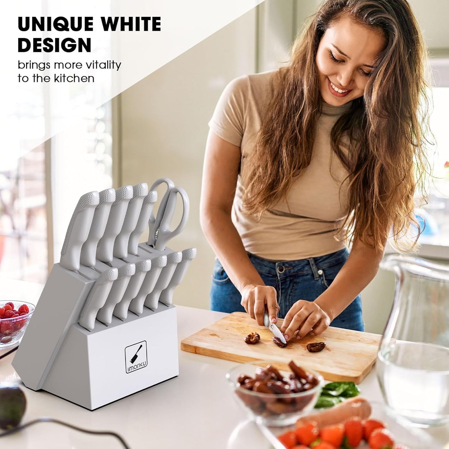 ® 14-Piece Kitchen Knife Set with Block and Sharpener, Professional Stainless Steel with Non-Slip Ergonomic Handle, Dishwasher Safe, Home Essential, Gray-White