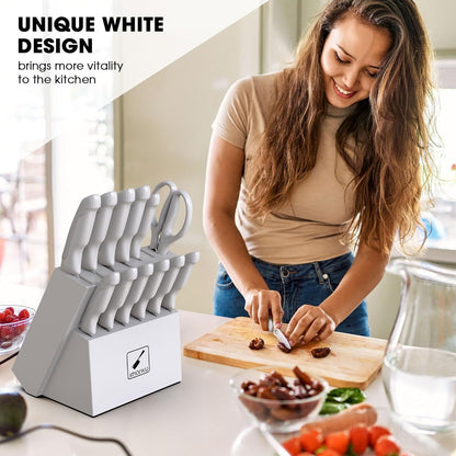 ® 14-Piece Kitchen Knife Set with Block and Sharpener, Professional Stainless Steel with Non-Slip Ergonomic Handle, Dishwasher Safe, Home Essential, Gray-White