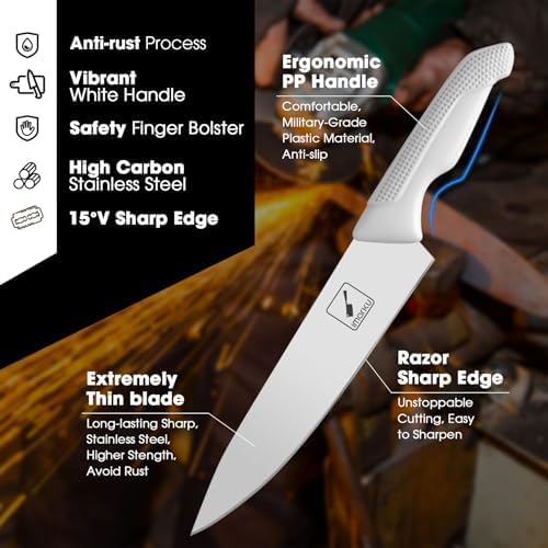 ® 14-Piece Kitchen Knife Set with Block and Sharpener, Professional Stainless Steel with Non-Slip Ergonomic Handle, Dishwasher Safe, Home Essential, Gray-White