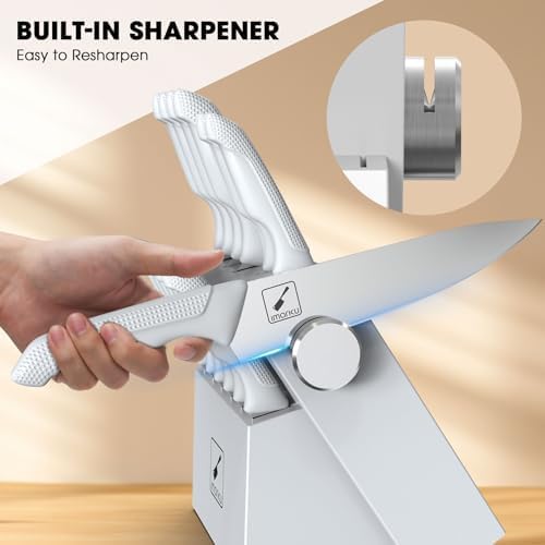 ® 14-Piece Kitchen Knife Set with Block and Sharpener, Professional Stainless Steel with Non-Slip Ergonomic Handle, Dishwasher Safe, Home Essential, Gray-White