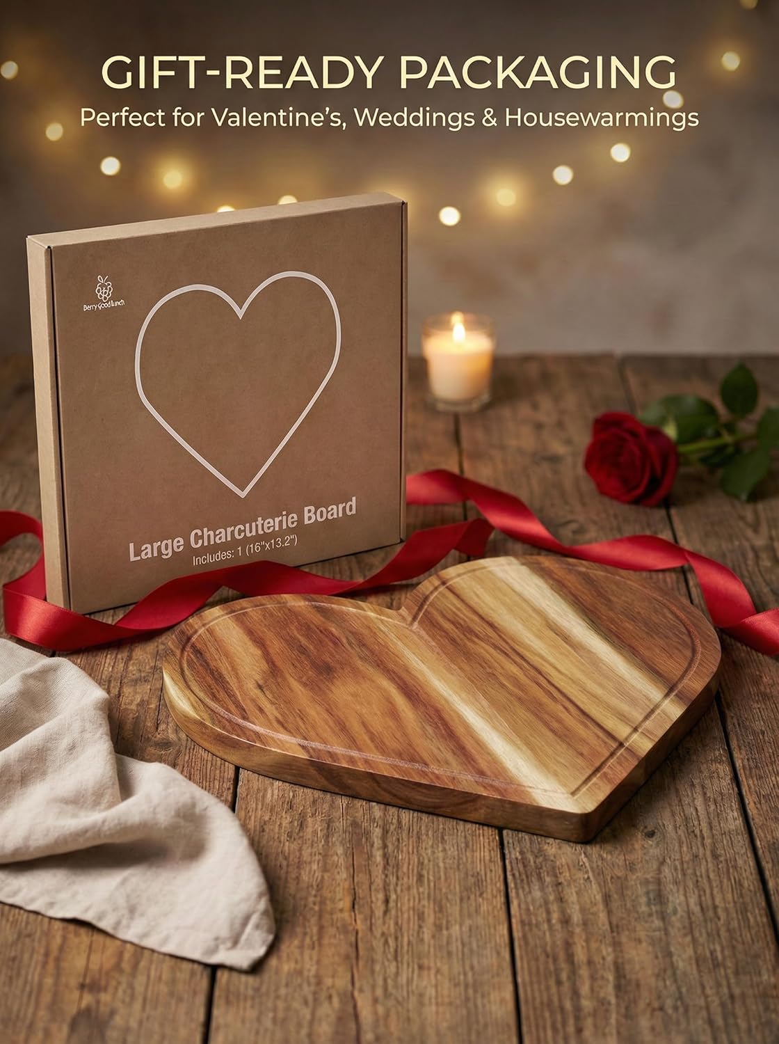 Heart Charcuterie Board 16 x 13.2 Inches - Acacia Wood Cutting Board, Heart Shaped Serving Tray - Mother’s Day Gifts for Mom, Wife, Grandma, Birthday Gifts for Mother & Grandmother