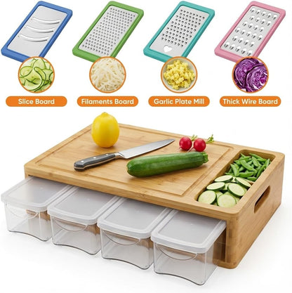 Bamboo Cutting Board with 4 Containers, Large Chopping Board with Juice Grooves, Easy-grip Handles & Food Sliding Opening, Carving Board with Trays for Food Storage, Transport and Cleanup