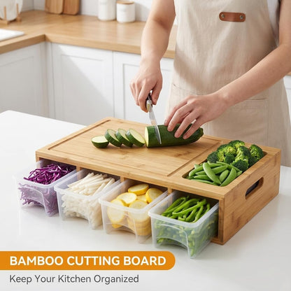 Bamboo Cutting Board with 4 Containers, Large Chopping Board with Juice Grooves, Easy-grip Handles & Food Sliding Opening, Carving Board with Trays for Food Storage, Transport and Cleanup