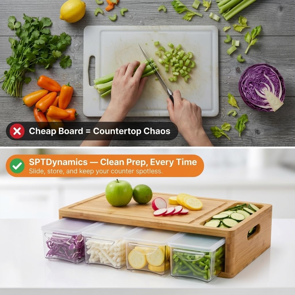 Bamboo Cutting Board with 4 Containers, Large Chopping Board with Juice Grooves, Easy-grip Handles & Food Sliding Opening, Carving Board with Trays for Food Storage, Transport and Cleanup