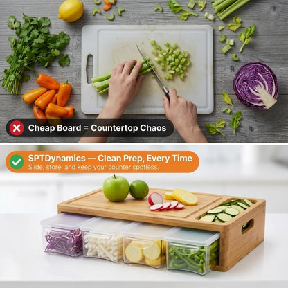 Bamboo Cutting Board with 4 Containers, Large Chopping Board with Juice Grooves, Easy-grip Handles & Food Sliding Opening, Carving Board with Trays for Food Storage, Transport and Cleanup
