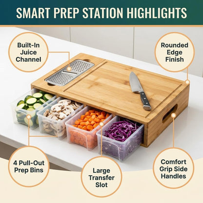 Bamboo Cutting Board with 4 Containers, Large Chopping Board with Juice Grooves, Easy-grip Handles & Food Sliding Opening, Carving Board with Trays for Food Storage, Transport and Cleanup