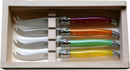 Laguiole 4-Piece Multicolor Cheese Knives Set in Slide-Top Box - Rust-Resistant Stainless Steel - Made in France