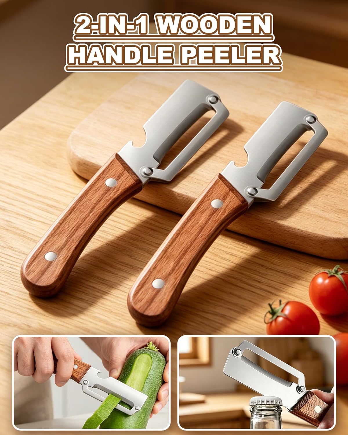 2 Pack Multi-Functional Stainless Steel Thickened Fruit Peeler Knife for Kitchen, Ultra-Sharp Blade with Wooden Handle and Bottle Opener, for Fruit Veggie that Need to Be Peeled