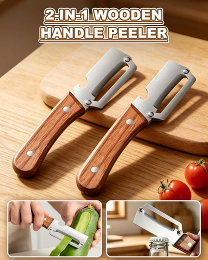 2 Pack Multi-Functional Stainless Steel Thickened Fruit Peeler Knife for Kitchen, Ultra-Sharp Blade with Wooden Handle and Bottle Opener, for Fruit Veggie that Need to Be Peeled