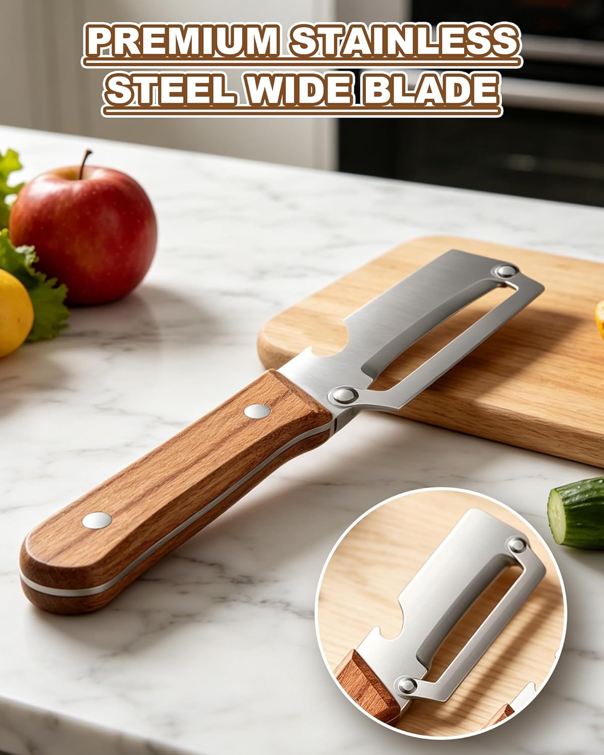 2 Pack Multi-Functional Stainless Steel Thickened Fruit Peeler Knife for Kitchen, Ultra-Sharp Blade with Wooden Handle and Bottle Opener, for Fruit Veggie that Need to Be Peeled