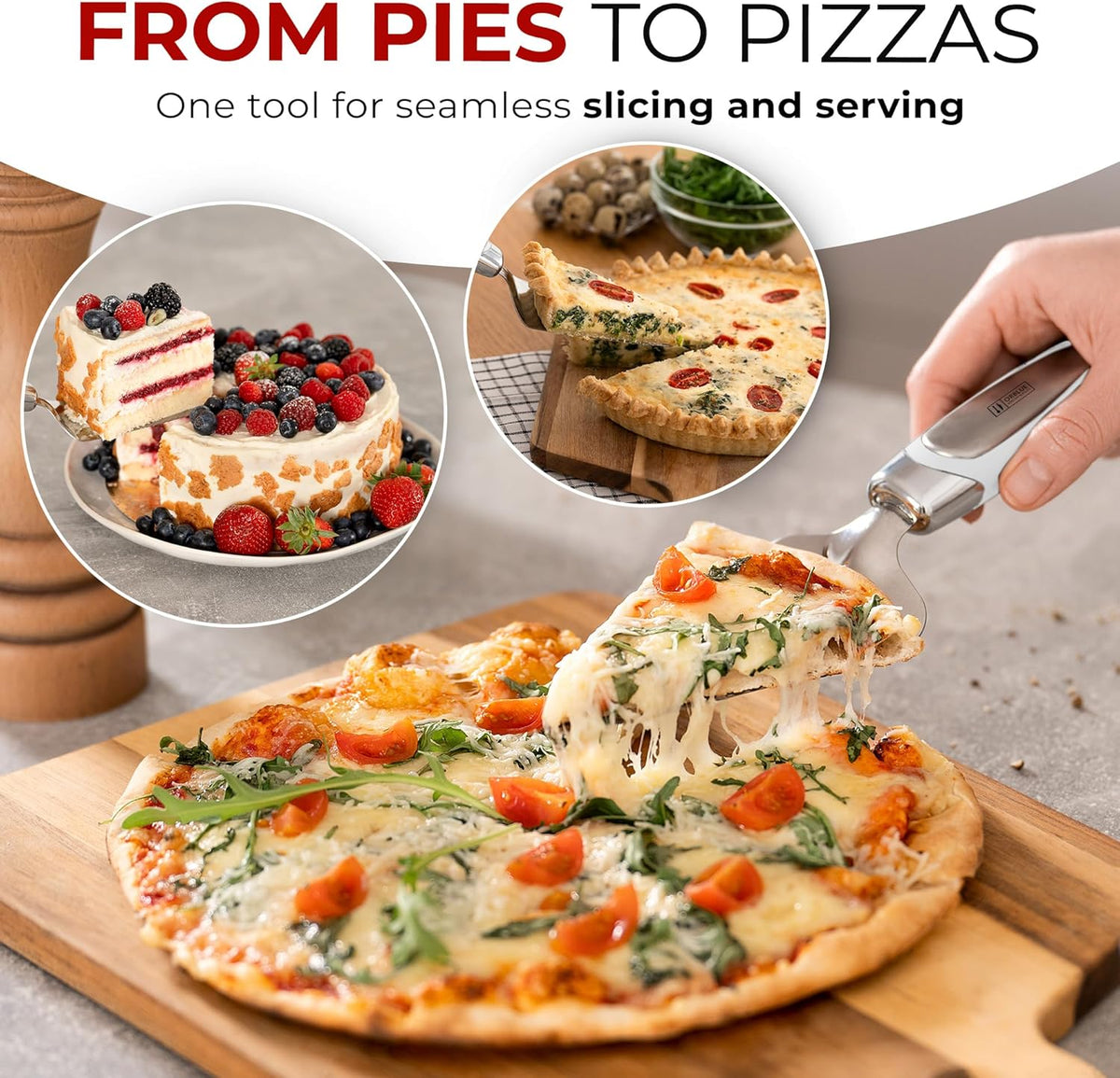 Pie Server, Essential Kitchen Tool, Serrated on Both Sides, Great for Right or Left Handed Chef, Stainless Steel Flatware , Cake Cutter,White