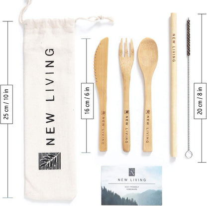 Bamboo Cutlery Set | Reusable, for Travel | Includes Bamboo Straw, Fork, Knife, Spoon, Cleaner & Carry Case | Eco Product