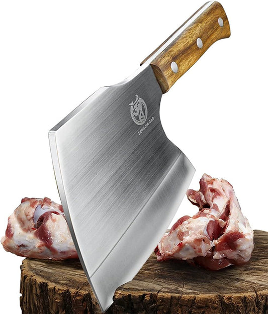 Big Bones Cleaver Knife - Heavy Duty Butcher Knife - Axe Chopper for Kitchen Restaurant Farm and Slaughterhouse- Cutting any bones- Solid Pear Wood Handle - Gift for Tough Guys