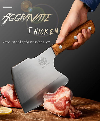 Big Bones Cleaver Knife - Heavy Duty Butcher Knife - Axe Chopper for Kitchen Restaurant Farm and Slaughterhouse- Cutting any bones- Solid Pear Wood Handle - Gift for Tough Guys