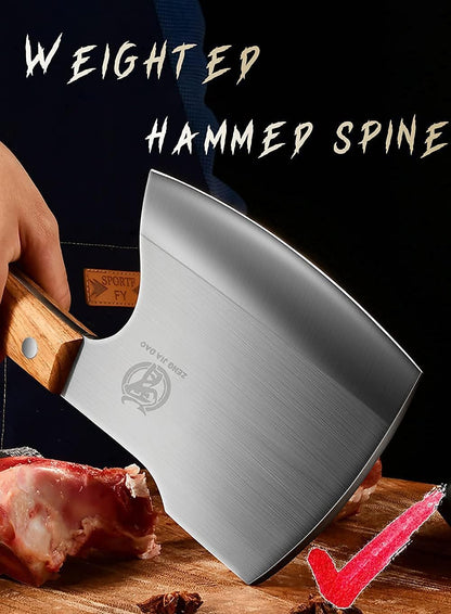 Big Bones Cleaver Knife - Heavy Duty Butcher Knife - Axe Chopper for Kitchen Restaurant Farm and Slaughterhouse- Cutting any bones- Solid Pear Wood Handle - Gift for Tough Guys