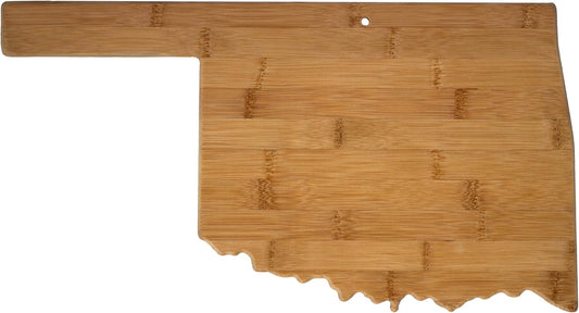 Oklahoma State Shaped Bamboo Serving and Cutting Board | State charcuterie board with natural bamboo grain. Knife-friendly surface for food prep. Hang tie for wall display.