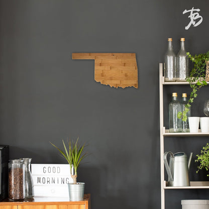 Oklahoma State Shaped Bamboo Serving and Cutting Board | State charcuterie board with natural bamboo grain. Knife-friendly surface for food prep. Hang tie for wall display.