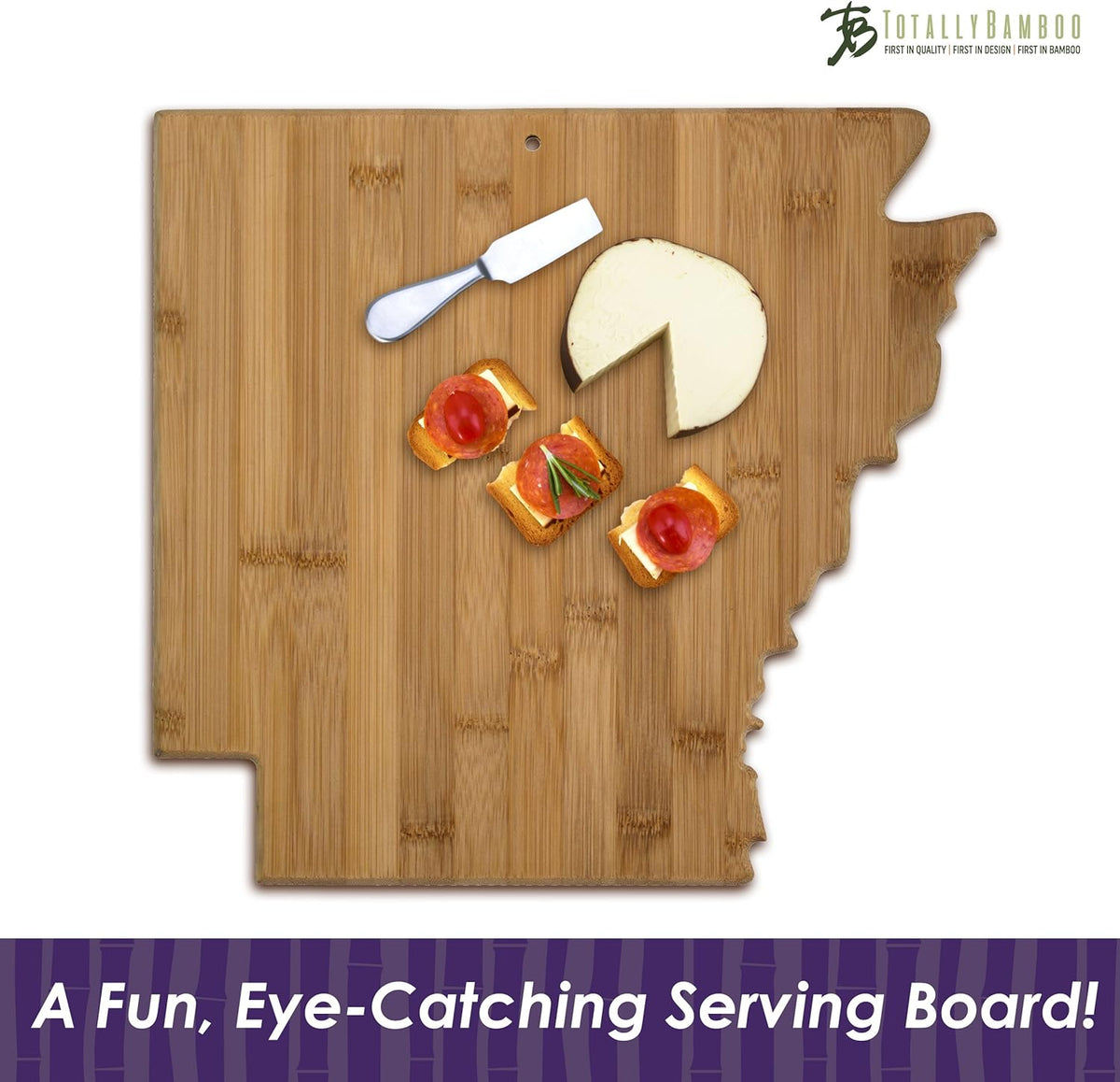 Oklahoma State Shaped Bamboo Serving and Cutting Board | State charcuterie board with natural bamboo grain. Knife-friendly surface for food prep. Hang tie for wall display.