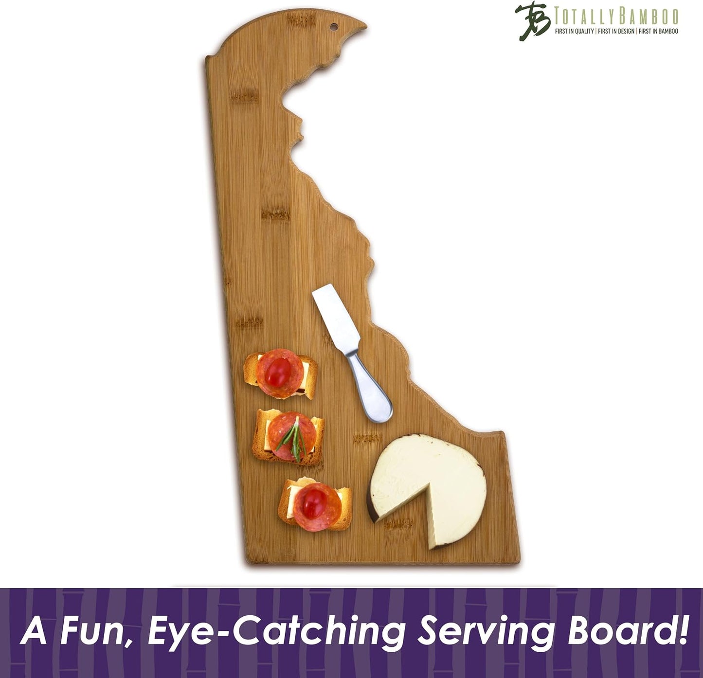 Oklahoma State Shaped Bamboo Serving and Cutting Board | State charcuterie board with natural bamboo grain. Knife-friendly surface for food prep. Hang tie for wall display.