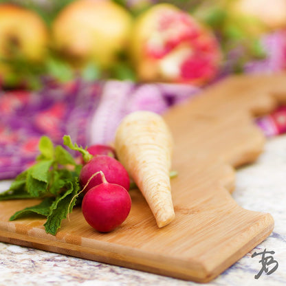 Oklahoma State Shaped Bamboo Serving and Cutting Board | State charcuterie board with natural bamboo grain. Knife-friendly surface for food prep. Hang tie for wall display.