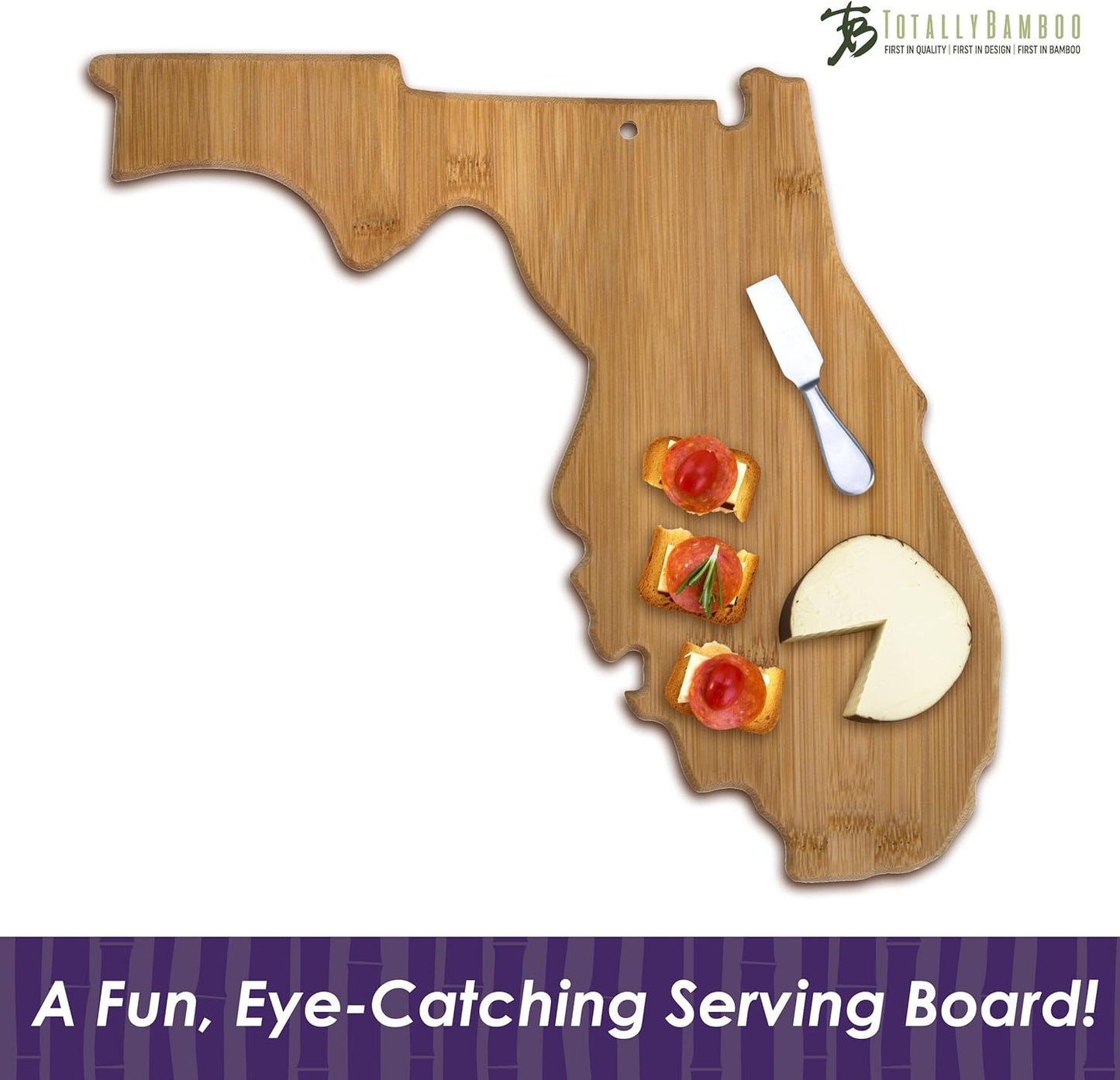 Oklahoma State Shaped Bamboo Serving and Cutting Board | State charcuterie board with natural bamboo grain. Knife-friendly surface for food prep. Hang tie for wall display.