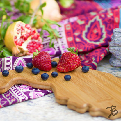 Oklahoma State Shaped Bamboo Serving and Cutting Board | State charcuterie board with natural bamboo grain. Knife-friendly surface for food prep. Hang tie for wall display.