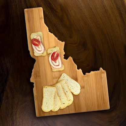 Oklahoma State Shaped Bamboo Serving and Cutting Board | State charcuterie board with natural bamboo grain. Knife-friendly surface for food prep. Hang tie for wall display.