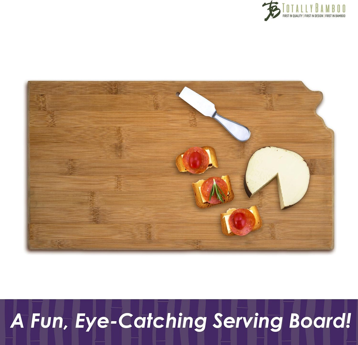 Oklahoma State Shaped Bamboo Serving and Cutting Board | State charcuterie board with natural bamboo grain. Knife-friendly surface for food prep. Hang tie for wall display.
