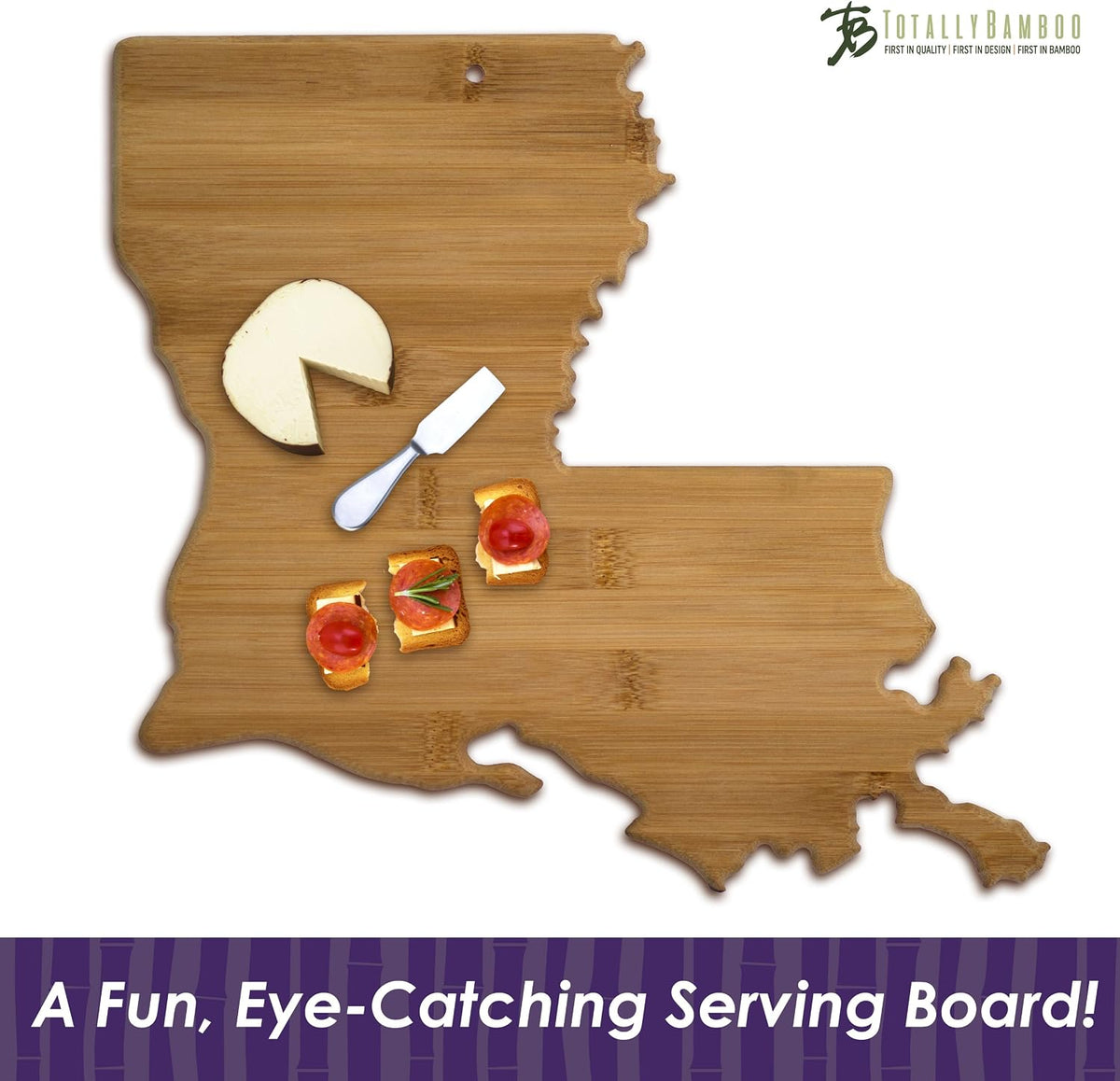 Oklahoma State Shaped Bamboo Serving and Cutting Board | State charcuterie board with natural bamboo grain. Knife-friendly surface for food prep. Hang tie for wall display.