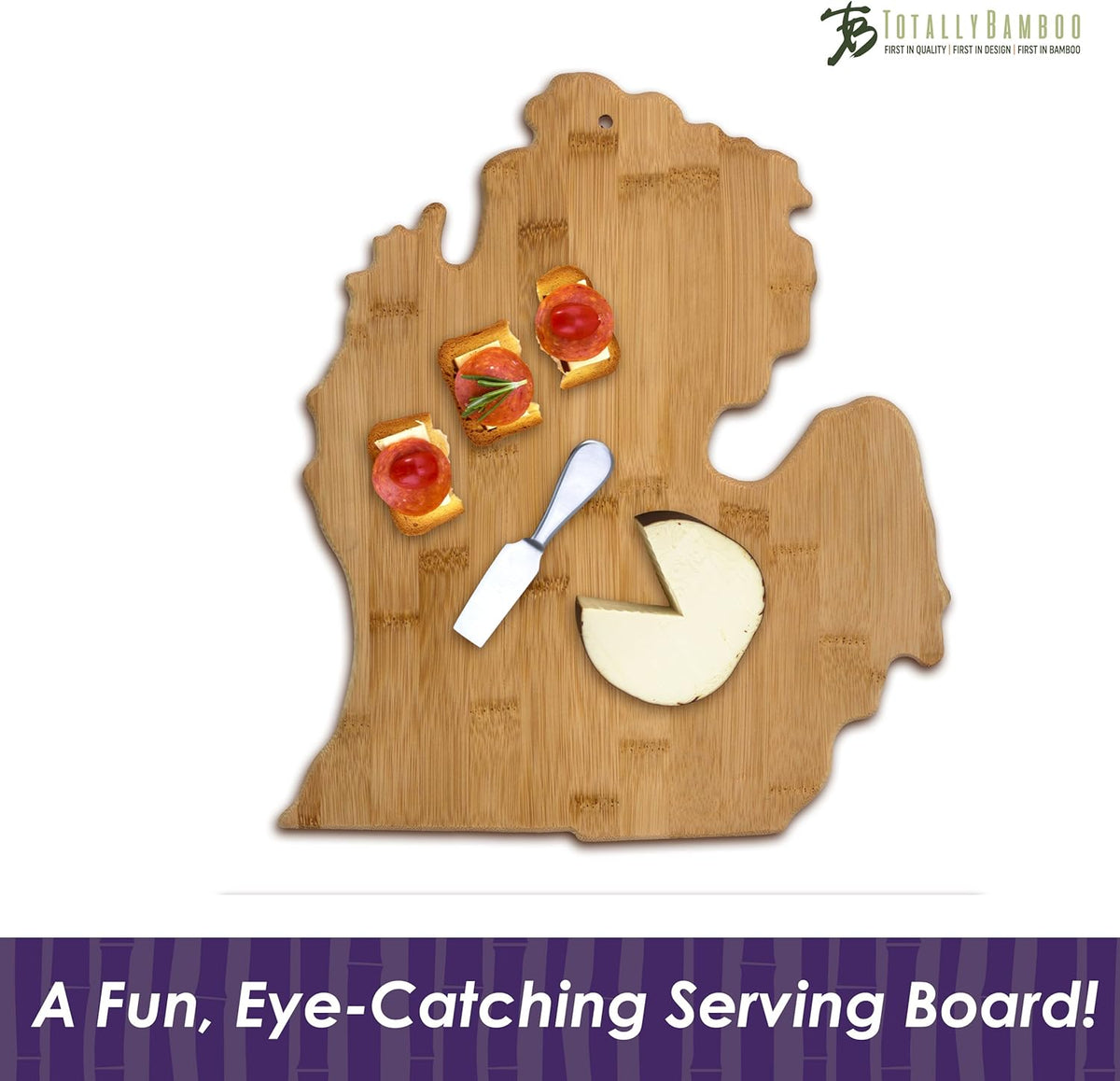 Oklahoma State Shaped Bamboo Serving and Cutting Board | State charcuterie board with natural bamboo grain. Knife-friendly surface for food prep. Hang tie for wall display.