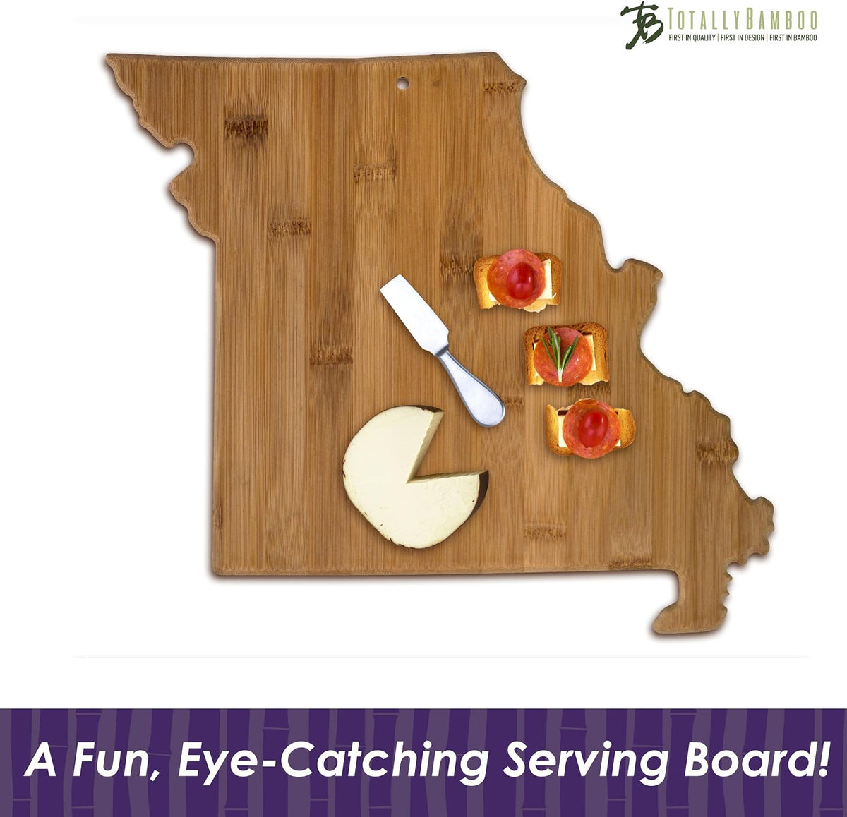 Oklahoma State Shaped Bamboo Serving and Cutting Board | State charcuterie board with natural bamboo grain. Knife-friendly surface for food prep. Hang tie for wall display.
