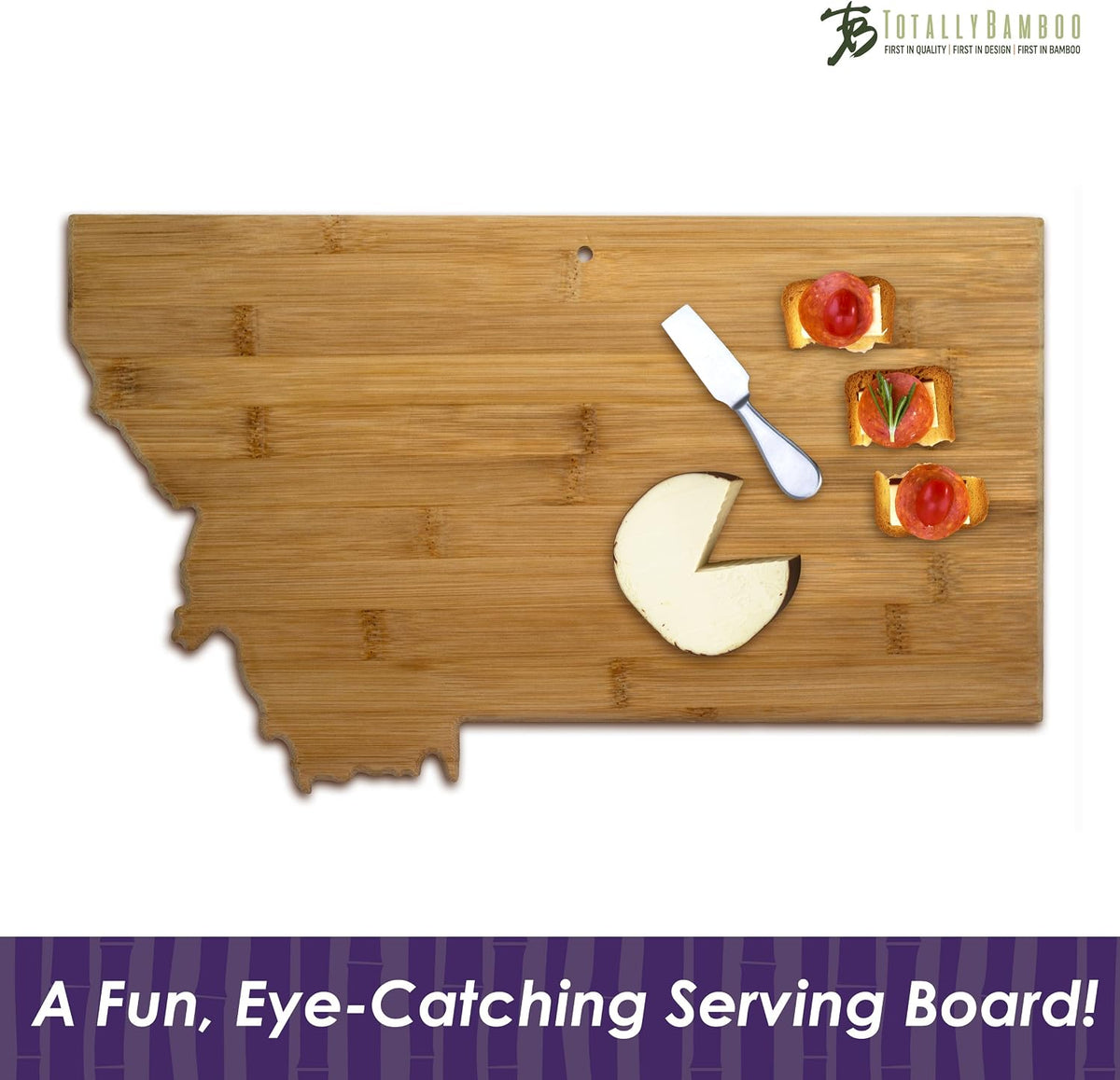 Oklahoma State Shaped Bamboo Serving and Cutting Board | State charcuterie board with natural bamboo grain. Knife-friendly surface for food prep. Hang tie for wall display.
