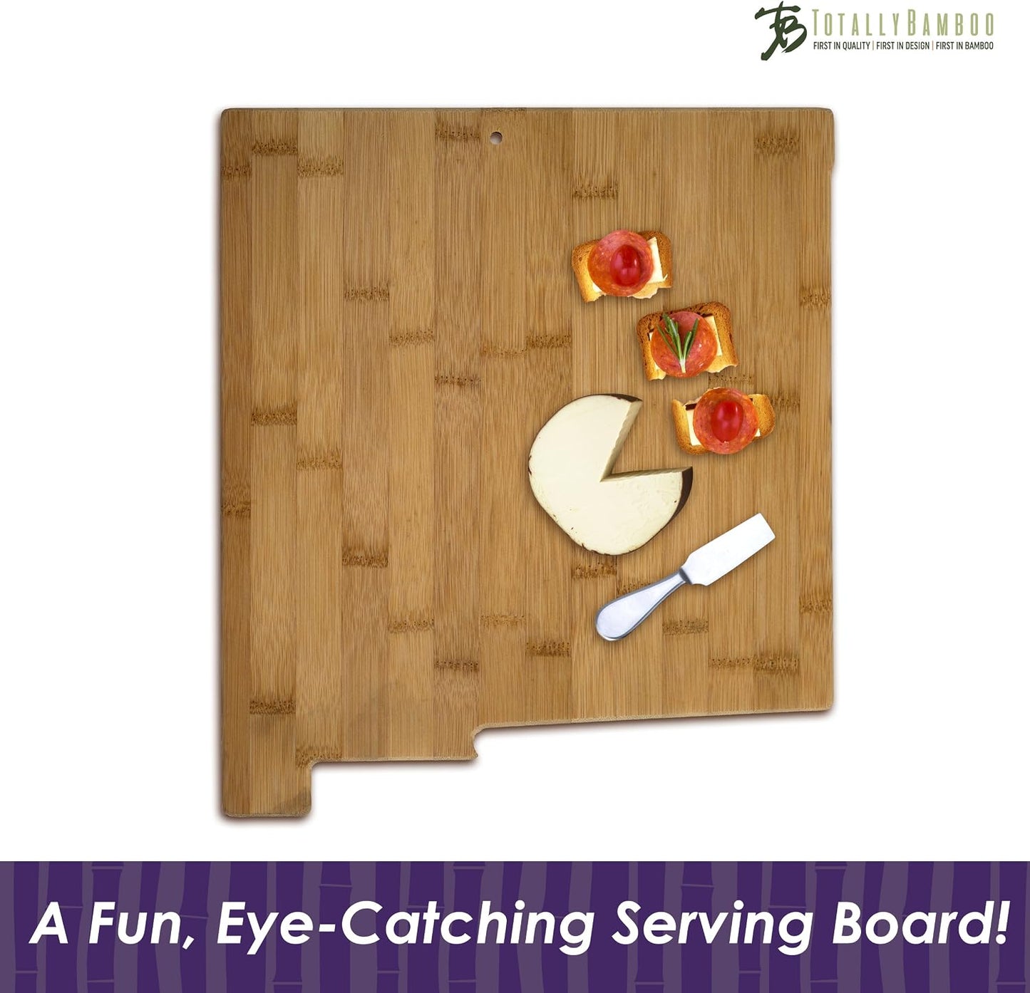 Oklahoma State Shaped Bamboo Serving and Cutting Board | State charcuterie board with natural bamboo grain. Knife-friendly surface for food prep. Hang tie for wall display.