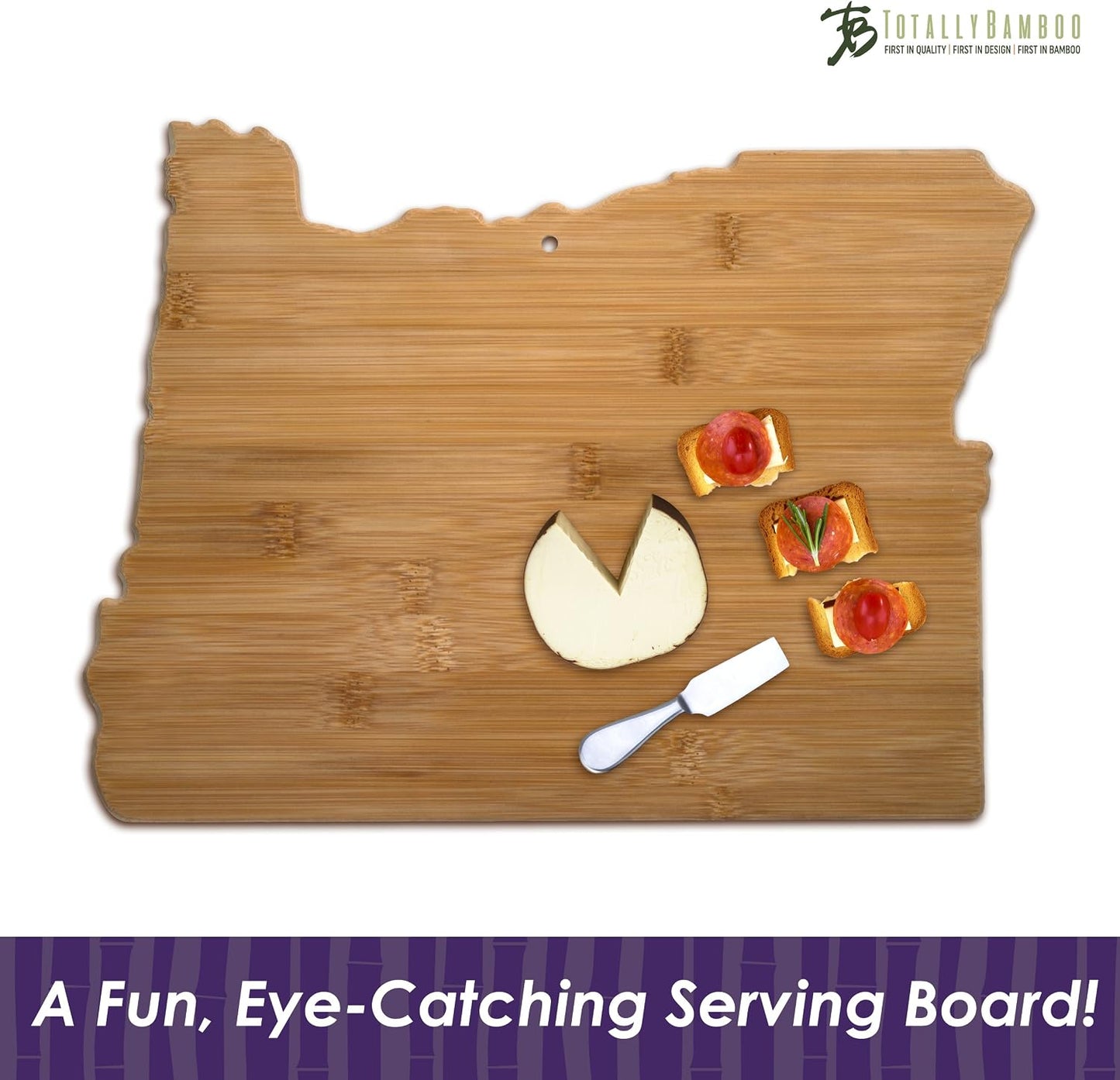 Oklahoma State Shaped Bamboo Serving and Cutting Board | State charcuterie board with natural bamboo grain. Knife-friendly surface for food prep. Hang tie for wall display.
