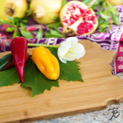 Oklahoma State Shaped Bamboo Serving and Cutting Board | State charcuterie board with natural bamboo grain. Knife-friendly surface for food prep. Hang tie for wall display.