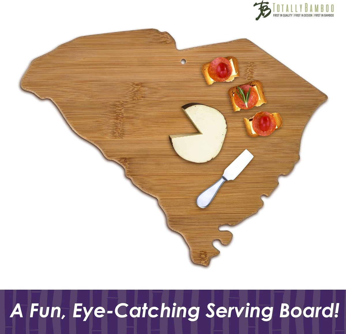 Oklahoma State Shaped Bamboo Serving and Cutting Board | State charcuterie board with natural bamboo grain. Knife-friendly surface for food prep. Hang tie for wall display.