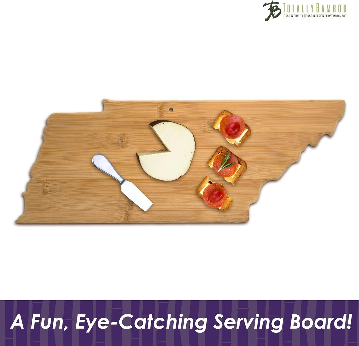 Oklahoma State Shaped Bamboo Serving and Cutting Board | State charcuterie board with natural bamboo grain. Knife-friendly surface for food prep. Hang tie for wall display.