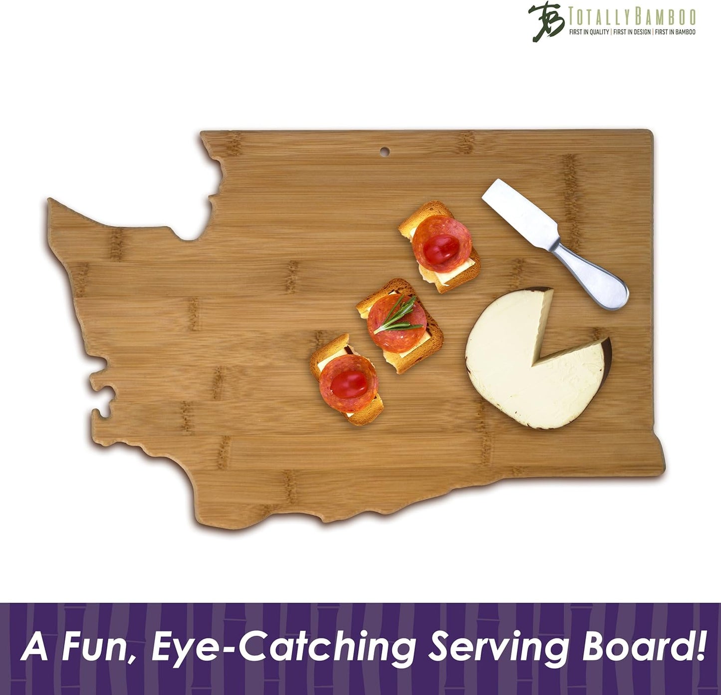 Oklahoma State Shaped Bamboo Serving and Cutting Board | State charcuterie board with natural bamboo grain. Knife-friendly surface for food prep. Hang tie for wall display.
