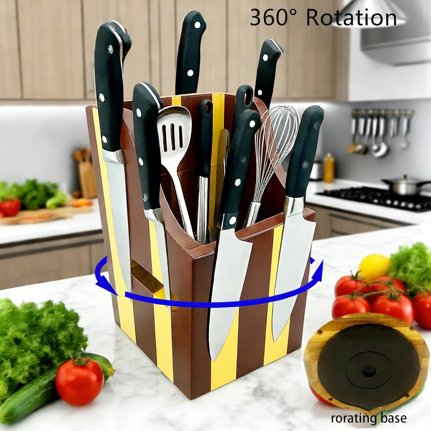 360° Rotating Magnetic Wooden Knife Block for Kitchen without Knives - Extra Large Capacity Knife Holder with Strong Enhanced Magnets Knife Storage Organizer for Knives Utensils