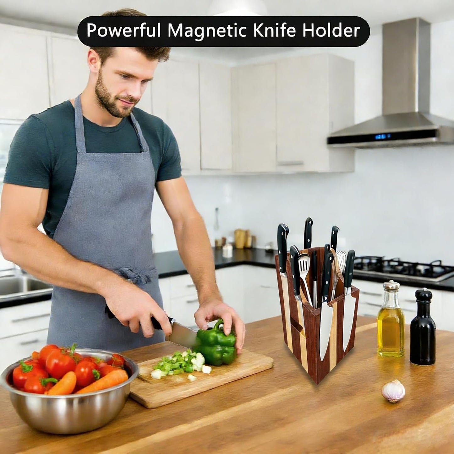 360° Rotating Magnetic Wooden Knife Block for Kitchen without Knives - Extra Large Capacity Knife Holder with Strong Enhanced Magnets Knife Storage Organizer for Knives Utensils
