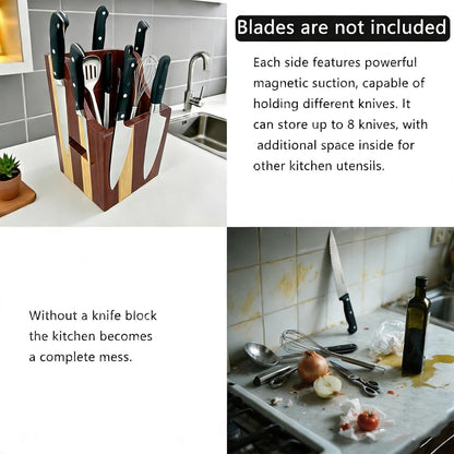 360° Rotating Magnetic Wooden Knife Block for Kitchen without Knives - Extra Large Capacity Knife Holder with Strong Enhanced Magnets Knife Storage Organizer for Knives Utensils