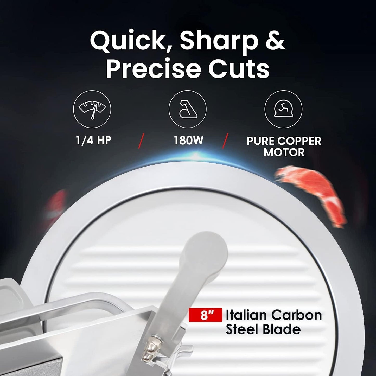 8" Electric Meat Slicer, Commercial Meat Slicer with 1/4 HP, Italian Carbon Steel Blade, Ham Slicer with Adjustable Slicing Thickness for Semi-frozen Meat, Cheese, Deli