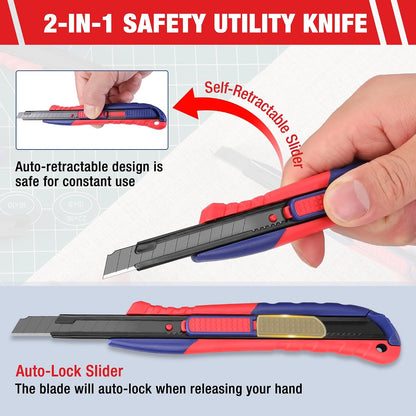 2-In-1 Safety Utility Knife Retractable Snap-off blade, Metal Box Cutter Set, Razor Knife Exacto Craft Knives, with 10 Extra 9mm Blades, Pack of 3