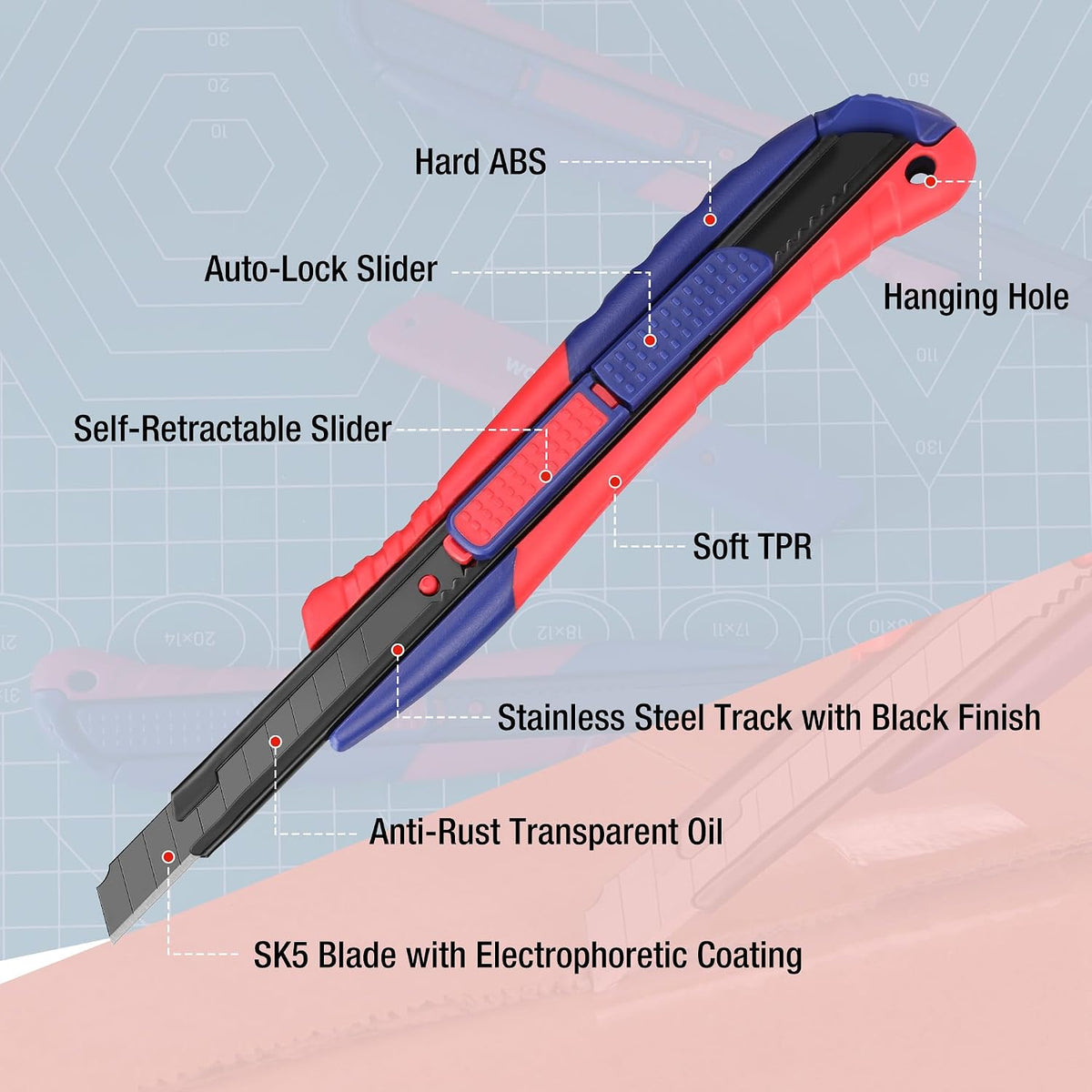 2-In-1 Safety Utility Knife Retractable Snap-off blade, Metal Box Cutter Set, Razor Knife Exacto Craft Knives, with 10 Extra 9mm Blades, Pack of 3