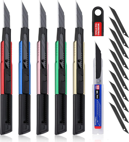 2-In-1 Safety Utility Knife Retractable Snap-off blade, Metal Box Cutter Set, Razor Knife Exacto Craft Knives, with 10 Extra 9mm Blades, Pack of 3
