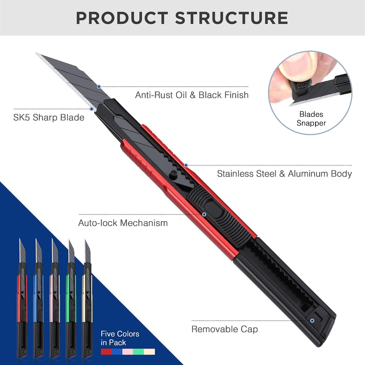 2-In-1 Safety Utility Knife Retractable Snap-off blade, Metal Box Cutter Set, Razor Knife Exacto Craft Knives, with 10 Extra 9mm Blades, Pack of 3