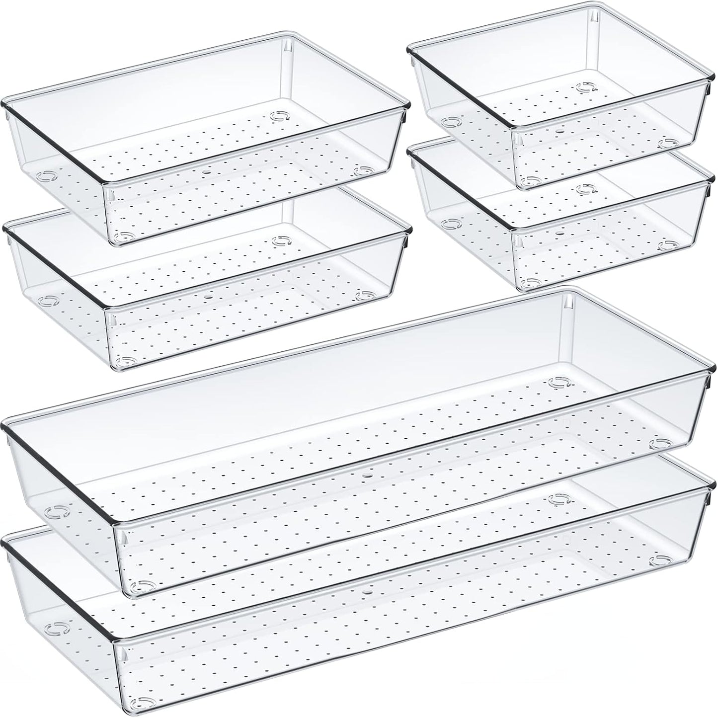 6 Pcs Large Size Clear Drawer Organizer Set, Acrylic Non Slip Non Cracking Kitchen Drawer Storage Tray Divider, Multifunctional Storage for Cosmetics, Bathroom, Tools, Kitchen and Office