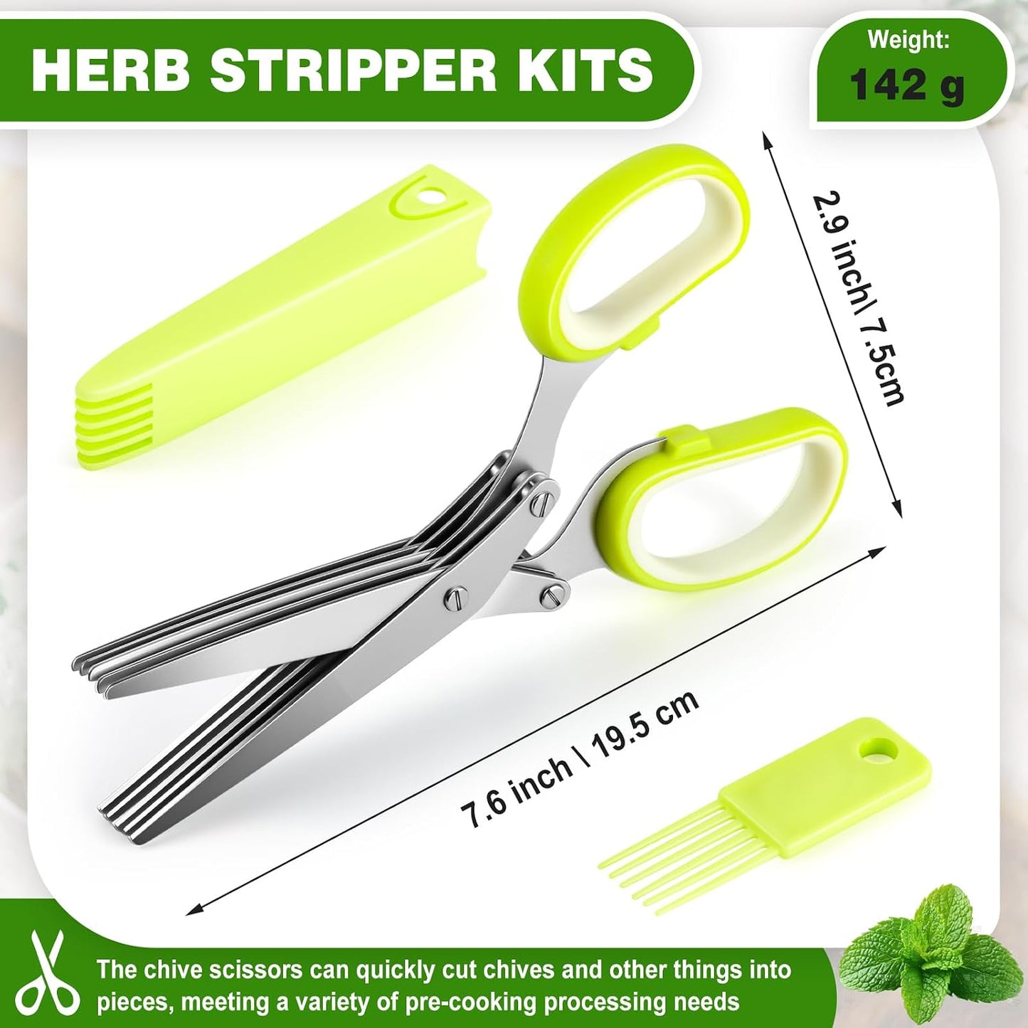 Herb Scissors 5 Blade with Cleaning Comb, Herb Stripper Bowl with 4 Hole Sizes, Cutter for Basil, Chives, Parsley, Kitchen Cutting Tool Set